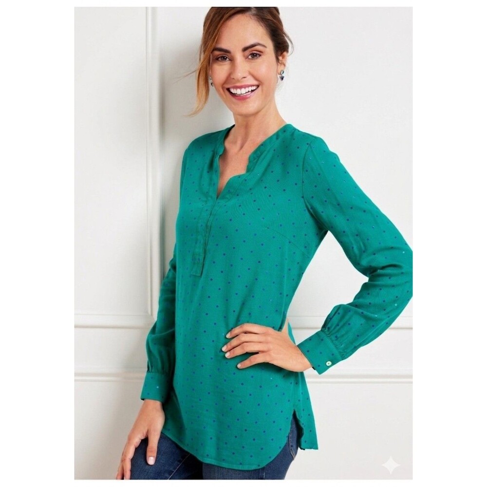 TalbotsBlouse Sparkle Popover Womens Green Blue Split Neck Long Sleeve Tunic S